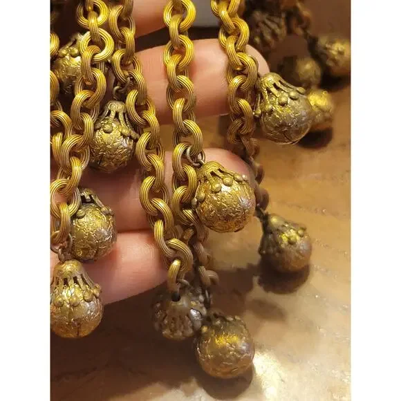 Unsigned Miriam Haskell Heavy Gold Chain Filigree Ball Dangle Tassel Jewelry